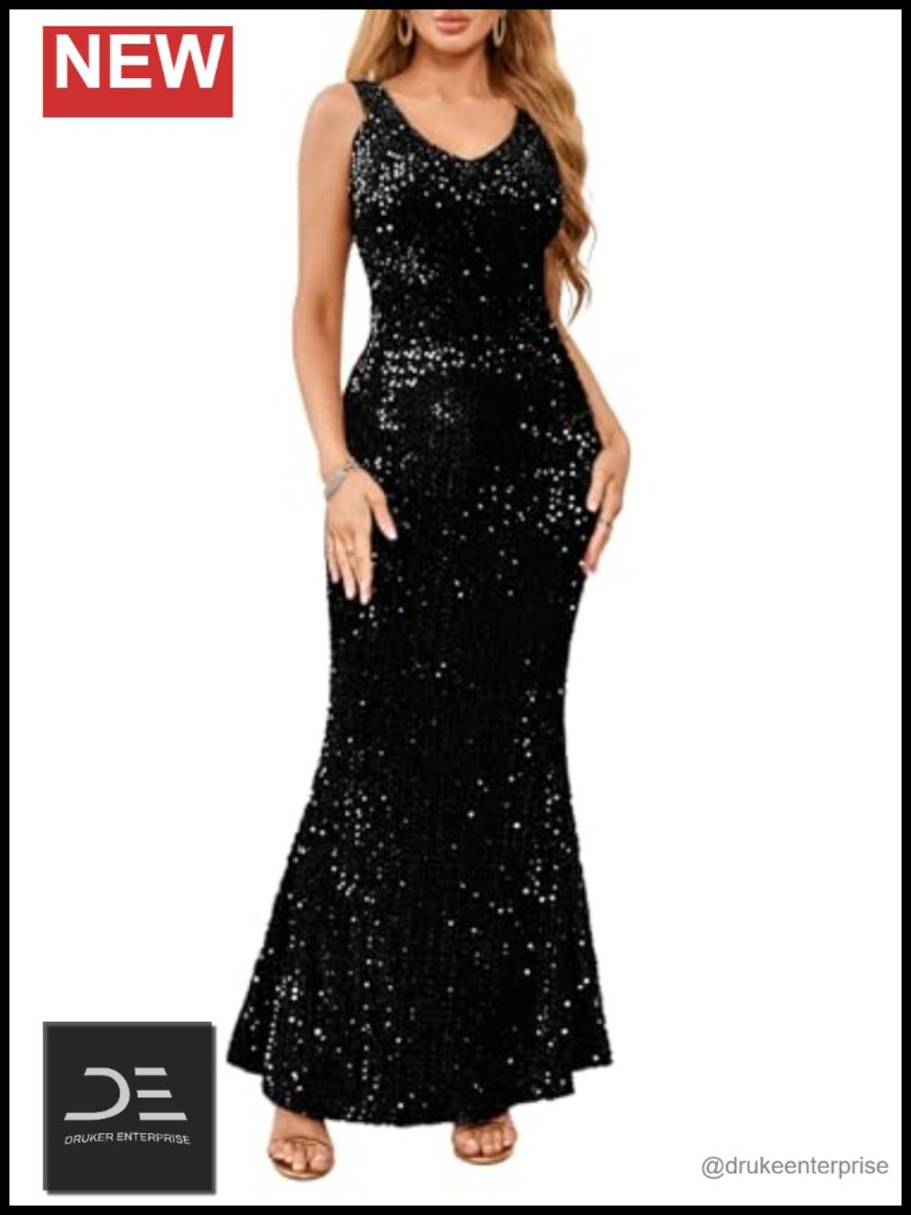 Womens V Neck Sleeveless Sequin Mermaid Formal Maxi Dress